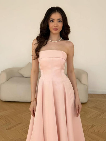 A-Line Strapless Sleek Satin Party Evening Prom Dress