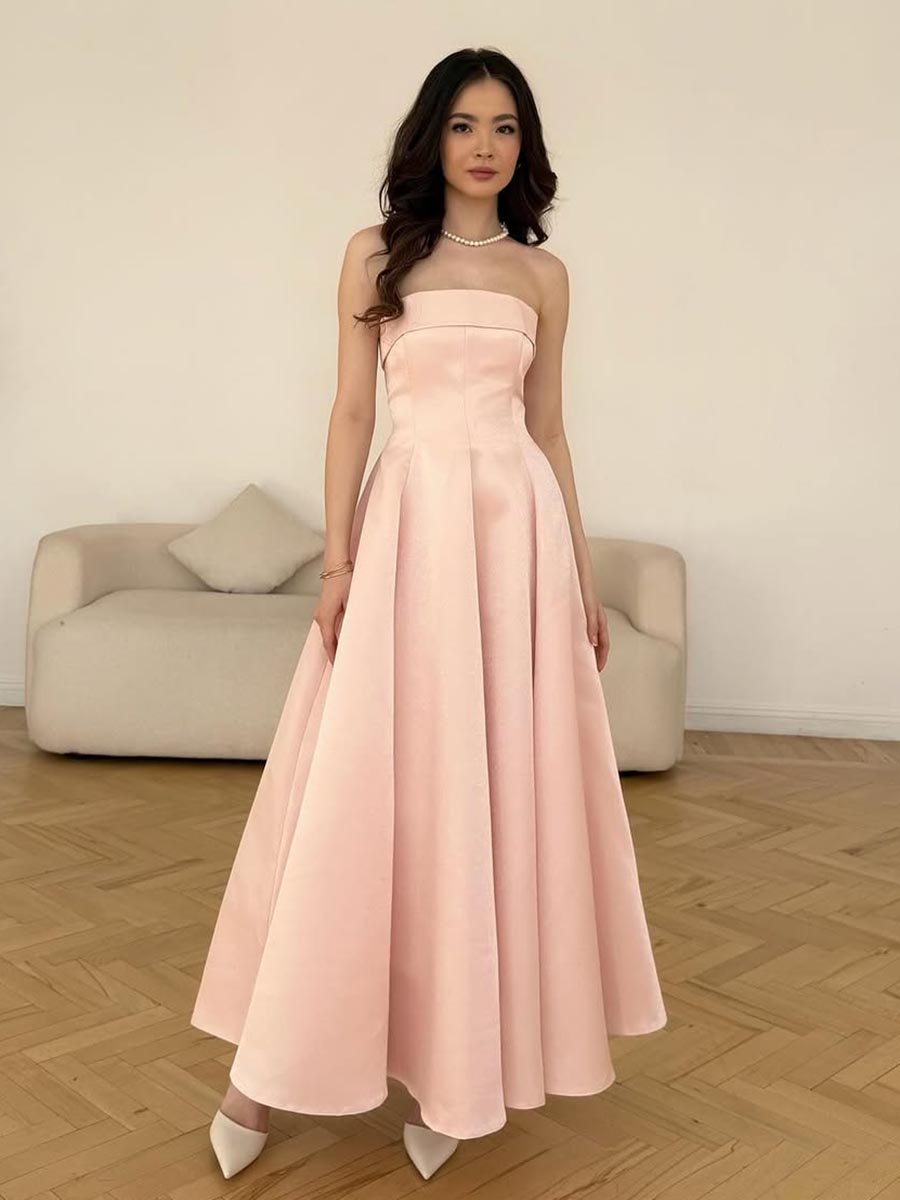 A-Line Strapless Sleek Satin Party Evening Prom Dress