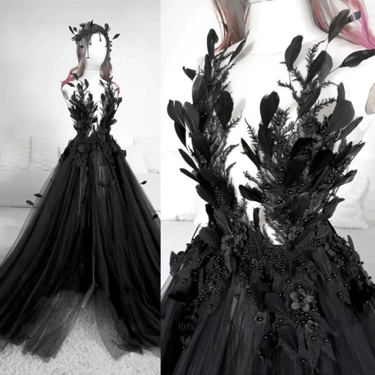 High Slit Gothic Black Wedding Dress Appliques Feather Pearls Beaded