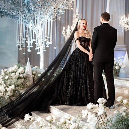 Off Shoulder Sparkly Sequins Gothic Black Wedding Dresses