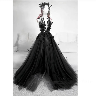 High Slit Gothic Black Wedding Dress Appliques Feather Pearls Beaded