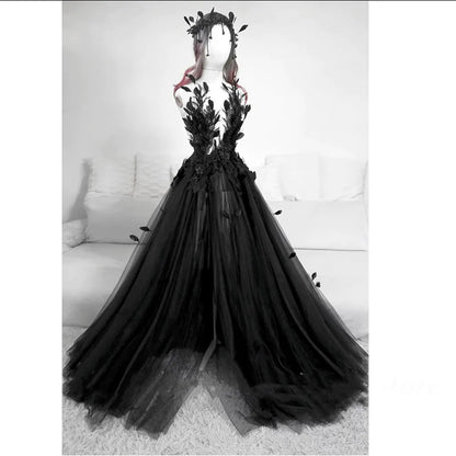 High Slit Gothic Black Wedding Dress Appliques Feather Pearls Beaded