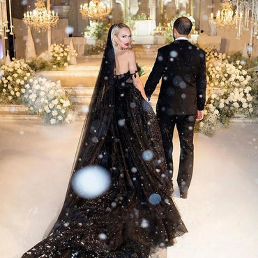 Off Shoulder Sparkly Sequins Gothic Black Wedding Dresses
