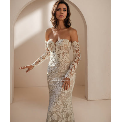 Luxury Long Sleeves Wedding Dresses Off the Shoulder Lace Mermaid Sweetheart Bridal Gown