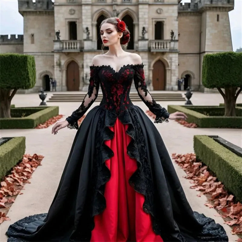 Black And Red Gothic Wedding Dress Off Shoulders Long Sleeve Medieval Bridal Dress