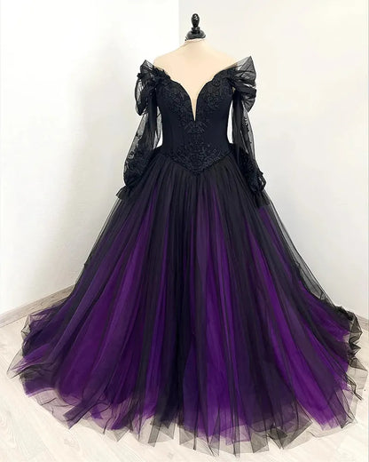 Gothic Wedding Dresses Black And Purple A Line Plus Size Bridal Gowns