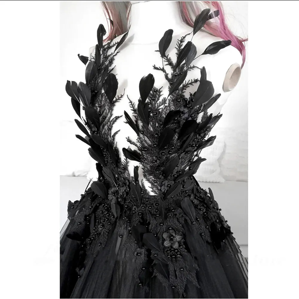 High Slit Gothic Black Wedding Dress Appliques Feather Pearls Beaded