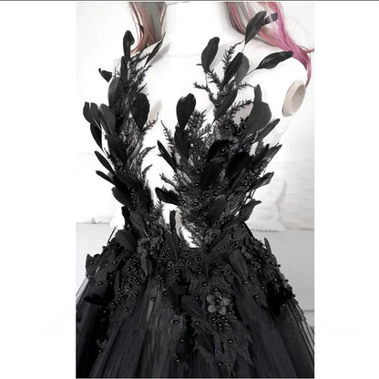 High Slit Gothic Black Wedding Dress Appliques Feather Pearls Beaded