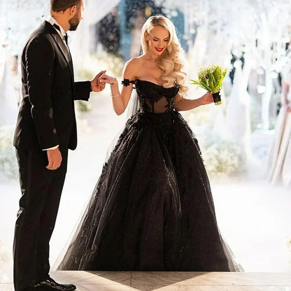 Off Shoulder Sparkly Sequins Gothic Black Wedding Dresses