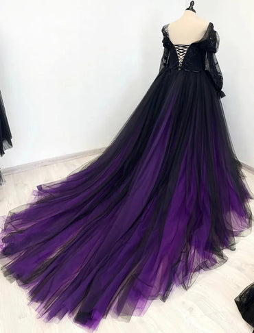 Gothic Wedding Dresses Black And Purple A Line Plus Size Bridal Gowns