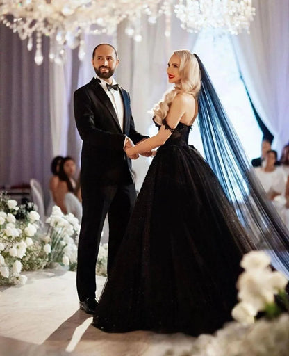Off Shoulder Sparkly Sequins Gothic Black Wedding Dresses