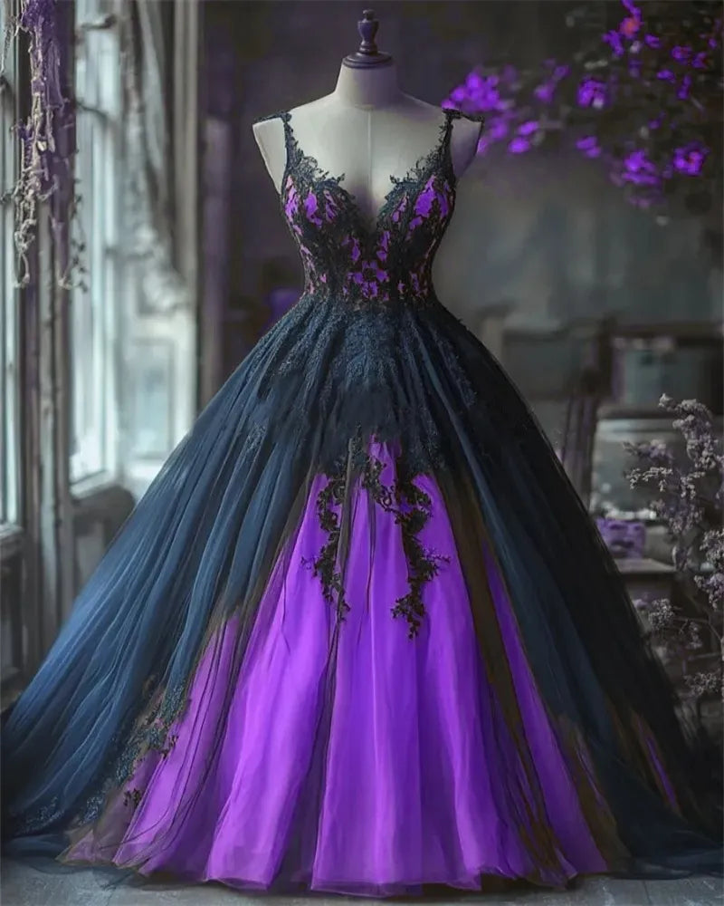 Gothic Wedding Dress Black And Purple Tulle Bridal Gowns
