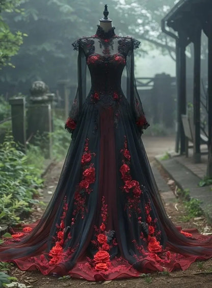 Red And Black Gothic Wedding Dress With 3D Floral Appliques Lace