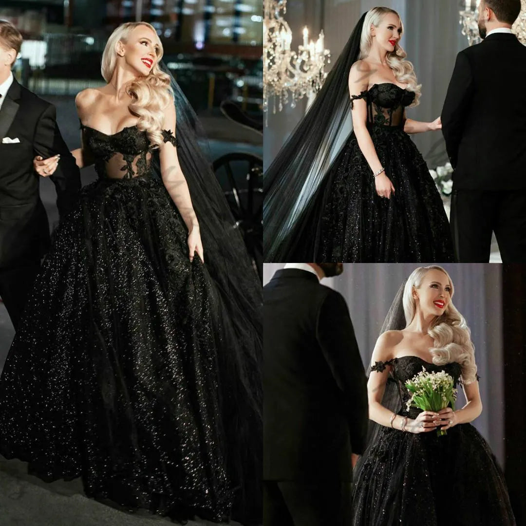 Off Shoulder Sparkly Sequins Gothic Black Wedding Dresses