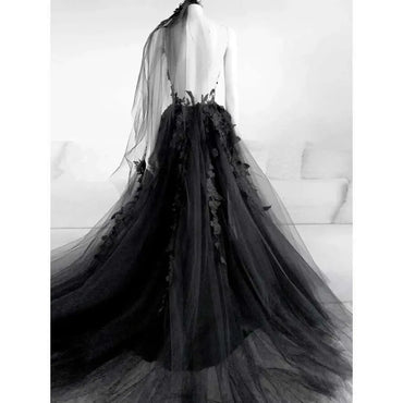 High Slit Tulle Black Gothic Wedding Dresses Halloween Wedding Dress