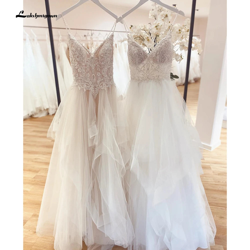 Romantic Ruffled A Line Civil Wedding Dress Beads V Neck Backless Spaghetti Straps Novia Vestido  Bridal Party Robe De Mariée