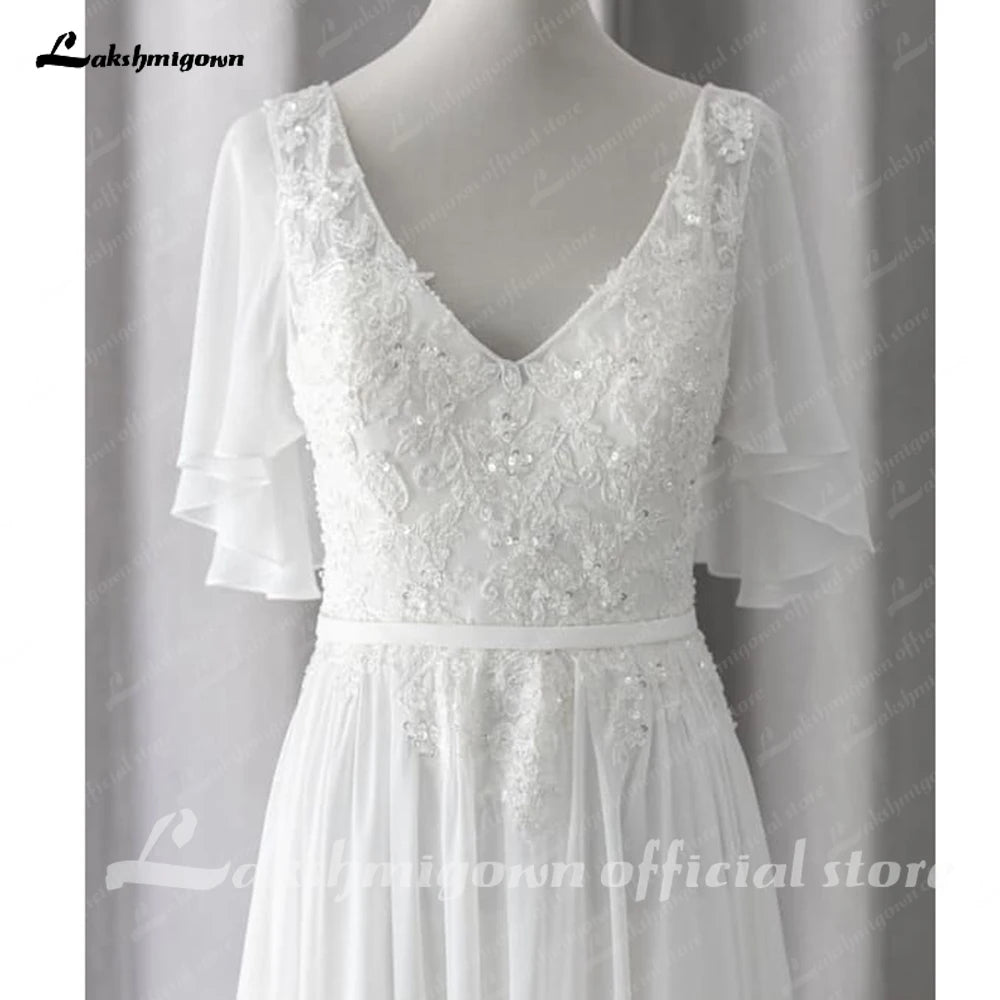 Lakshmigown Boheme Beach Long Sleeve Chiffon Boho Wedding Dress Lace Bodice 2023 Wedding Bridal Gowns for Women Custom Made Robe