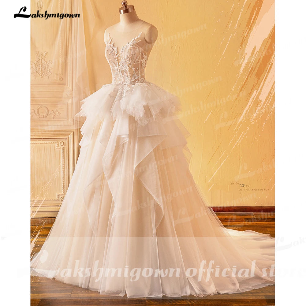 Lakshmigown Luxury Floral Lace Boho Bridal Wedding Dress 2023 Princess Tulle Wedding Gowns Bestidos De Novia V Neck Backless