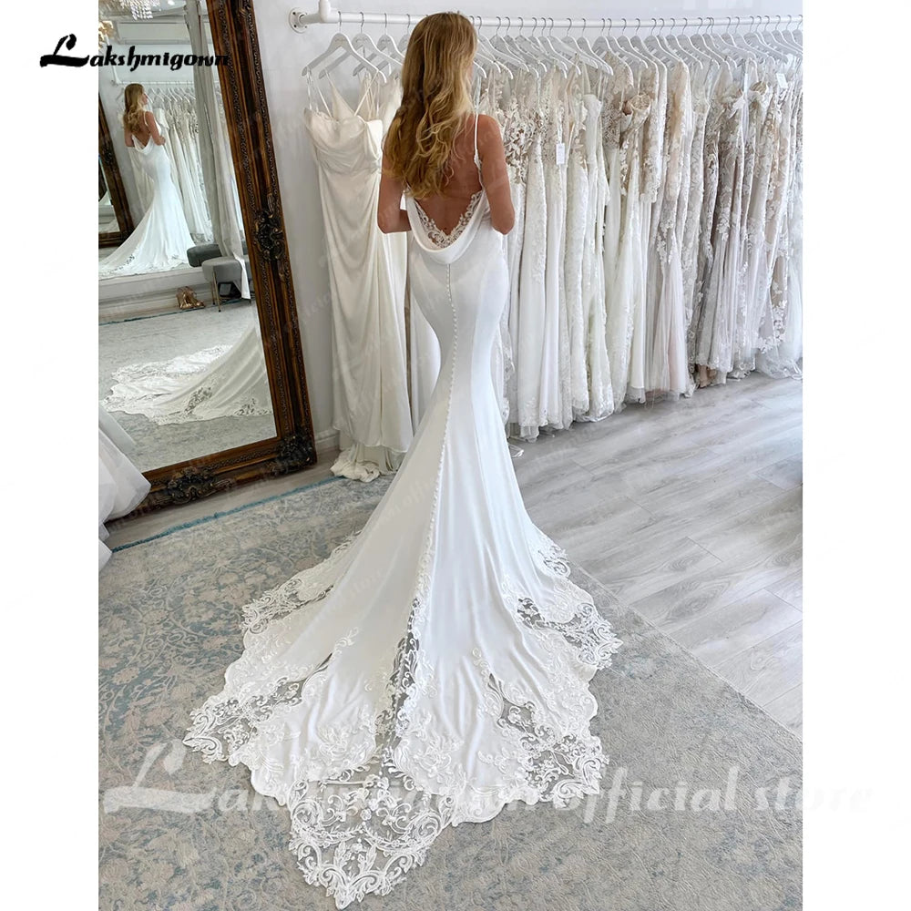 Lakshmigown V Neck Lace Mermaid/Trumpet Wedding Dress Appliques Court Train Spaghetti Straps Bridal Gown robe mariée sirene