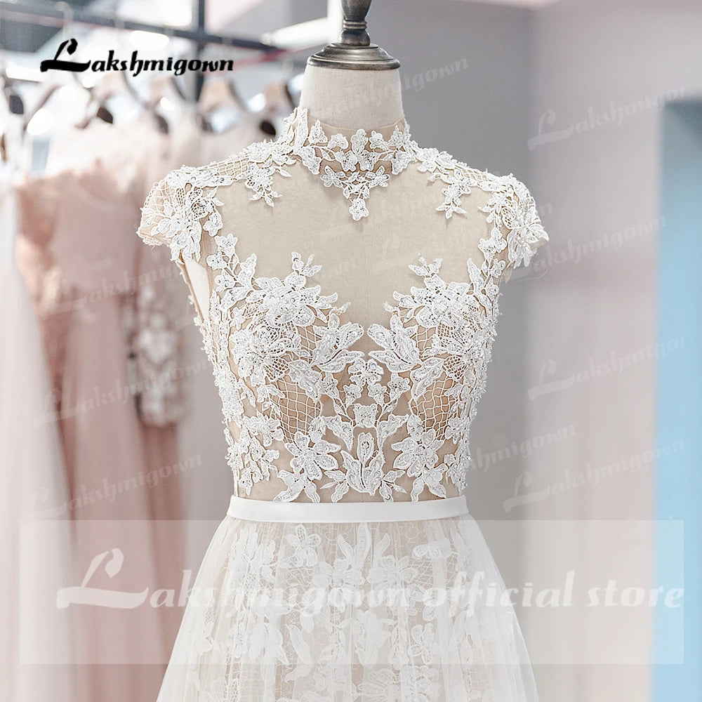Lakshmigown Bohemian Wedding Dress 2022 Vintage Lace Beaded High Neck Tulle Bridal Sexy Wedding Gowns Vestidos Noivas