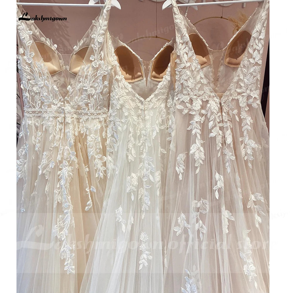 Lakshmigown V Neck Lace Appliques Wedding Dresses Champagne Bridal Gowns A Line Wedding Gown estido de noiva praiano