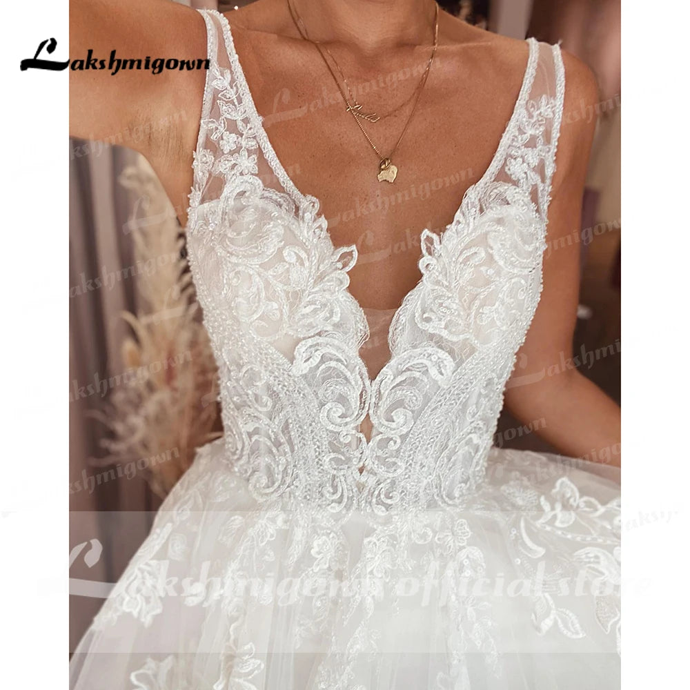 Lakshmigown Tulle Princess Wedding Dress 2022 Robe Mariage  V Neck Lace Applique Bridal Dress Sweep Train Vestido De Noiva