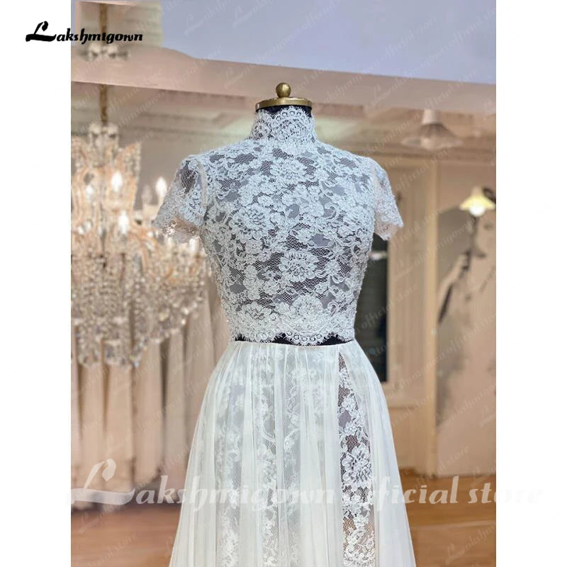 Lakshmigown Ivory Lace Appliques Chiffon A-Line Wedding Dresses Court Train Custom Made Cap Sleeves High Neck Bridal Gowns