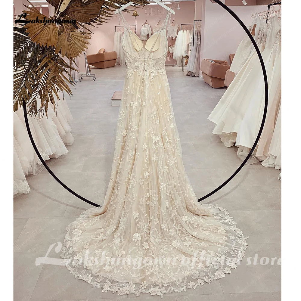 Lakshmigown Spaghetti Straps Lace bohemian Wedding Dress for Women V Neck 2023 Robe Bridal Gowns vestido noiva casamento