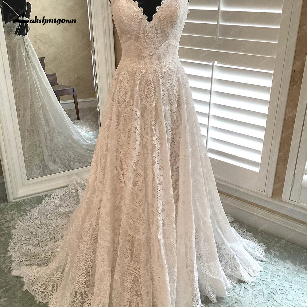 Sexy V Neck Lace Wedding Dresses Sleeveless 2023 Vintage Bridal Boho robe de mariée sirène Open Back Appliques Sweep Train