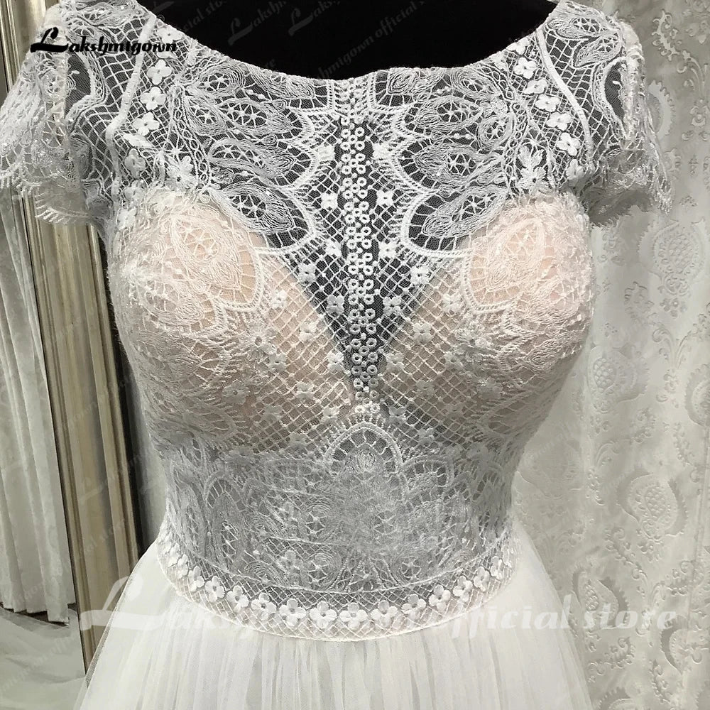Lakshmigown Short Sleeve Lace Boho A Line Wedding Dress Sccop Neck 2023 Robe Mariage Boheme Bridal Gowns robe de soirée femme