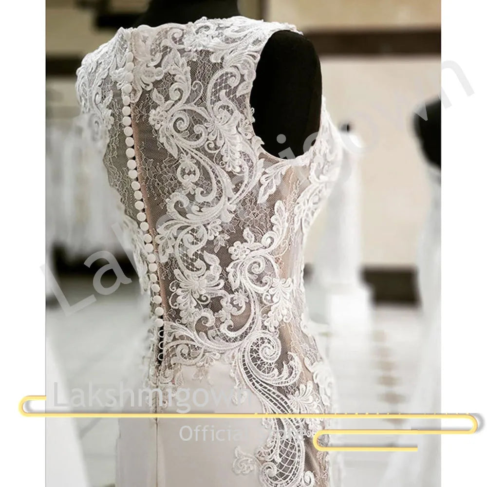 Latest Design White Lace Applique Elegant Mermaid Wedding Dress with Sweep Train Off White Satin Wedding Gowns Trouwjurk Long