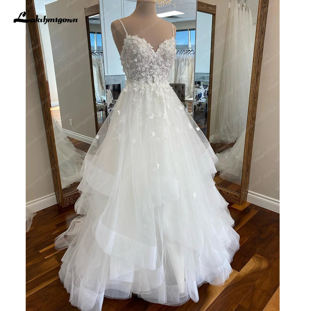 Lakshmigown Spaghetti Straps Ruffles Wedding Gown 2023 Robe Mariage Sexy Bridal Lace 3D Flowers A Line Wedding Dresses