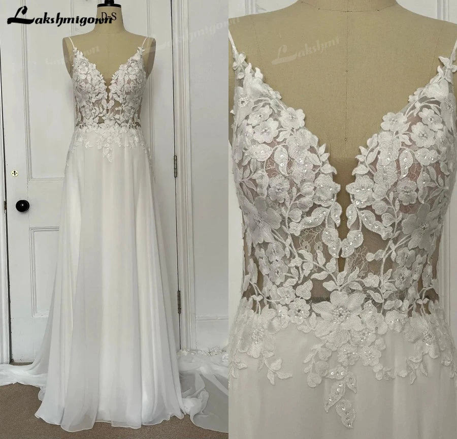 Sexy A-Line Chiffon Illusion Bodice Backless Beach Wedding Dresses for Women Appliques Unique Tail