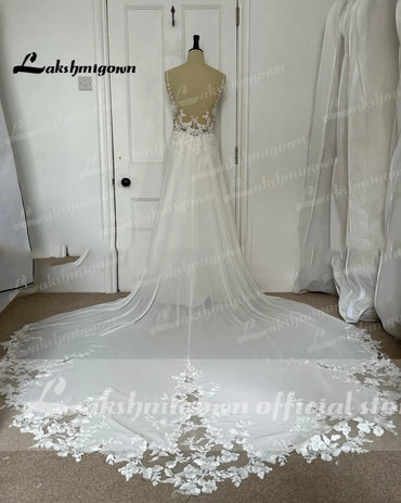 Sexy A-Line Chiffon Illusion Bodice Backless Beach Wedding Dresses for Women Appliques Unique Tail