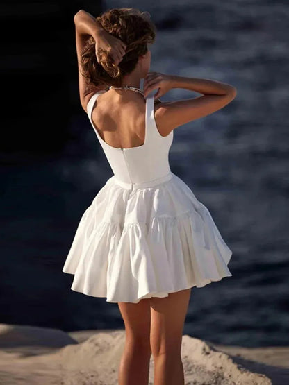 A-Line Square Sleeveless Satin Short Elegant Wedding Dress