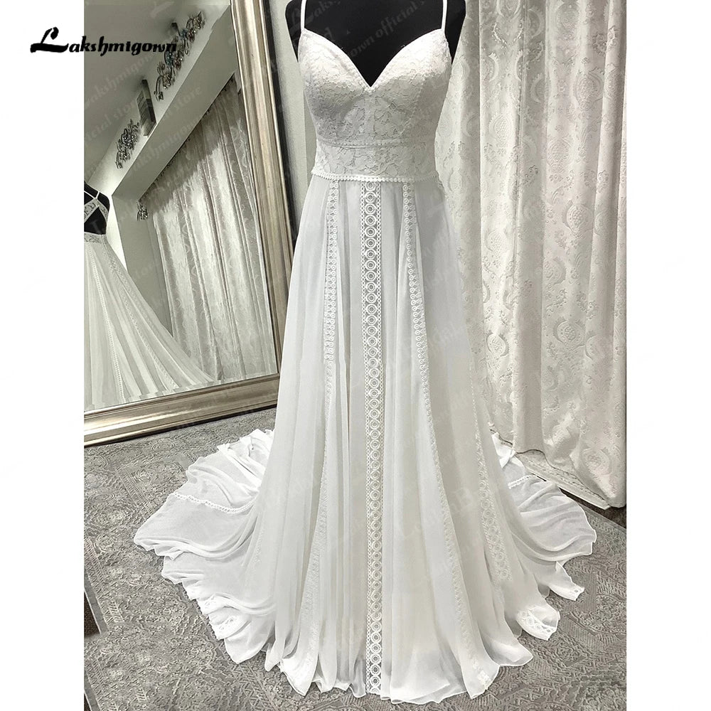 Lakshmigown  Lace A Line Beach Wedding Dress Spaghetti Straps V Neck Chiffon 2023 Robe Open Back Summer Wedding Gowns