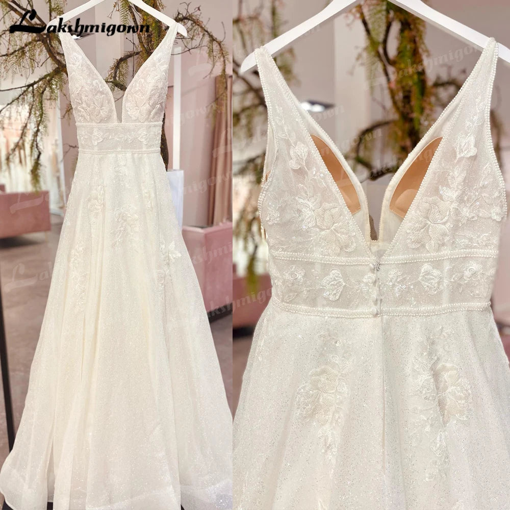 Lakshmigown Glitter Shiny Wedding Dress V Neckline  Low V Back Vestidos De Noiva Bridal Gowns vestido de casamento