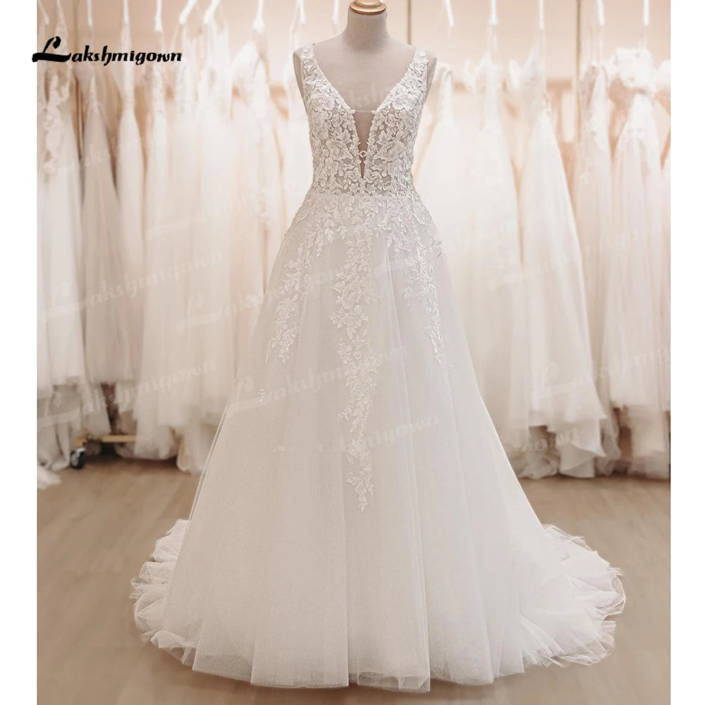 Lakshmigown V Neck Backless Wedding Dress Lace Appliques A Line Wedding Gowns  trajes de novias largos hochzeitskleid