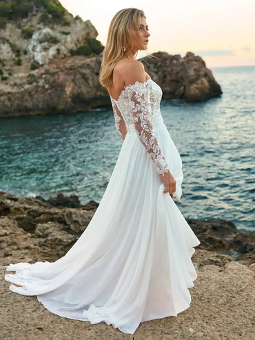 A-Line Off-Shoulder Long Sleeves Lace High Slit Chiffon Wedding Dress with Train