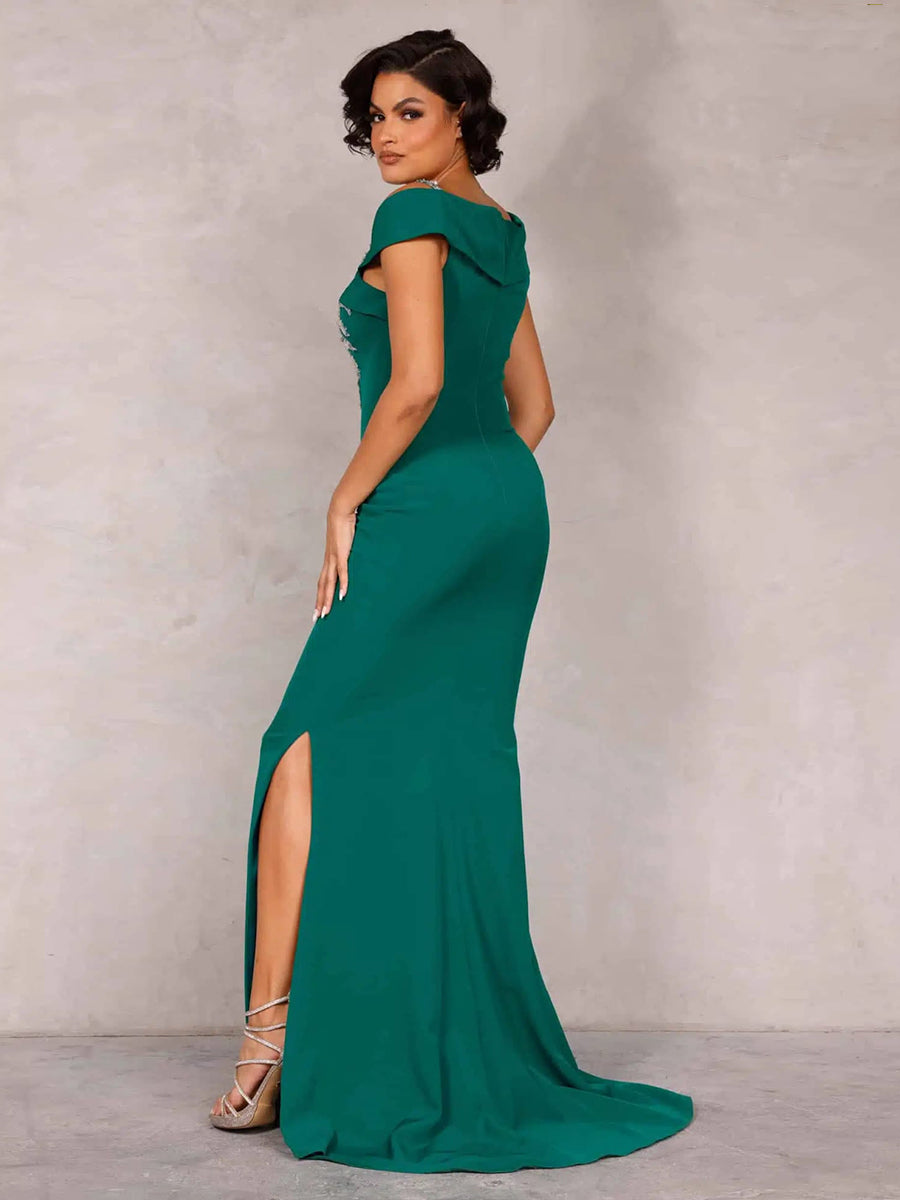 Asymmetrical Beaded Side Slit Mermaid Mother of the Bride Dress with Train