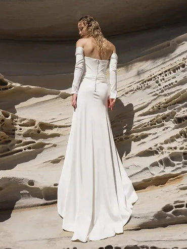 Off Shoulder Long Sleeves Draped Sleek Satin Wedding Dress with Train