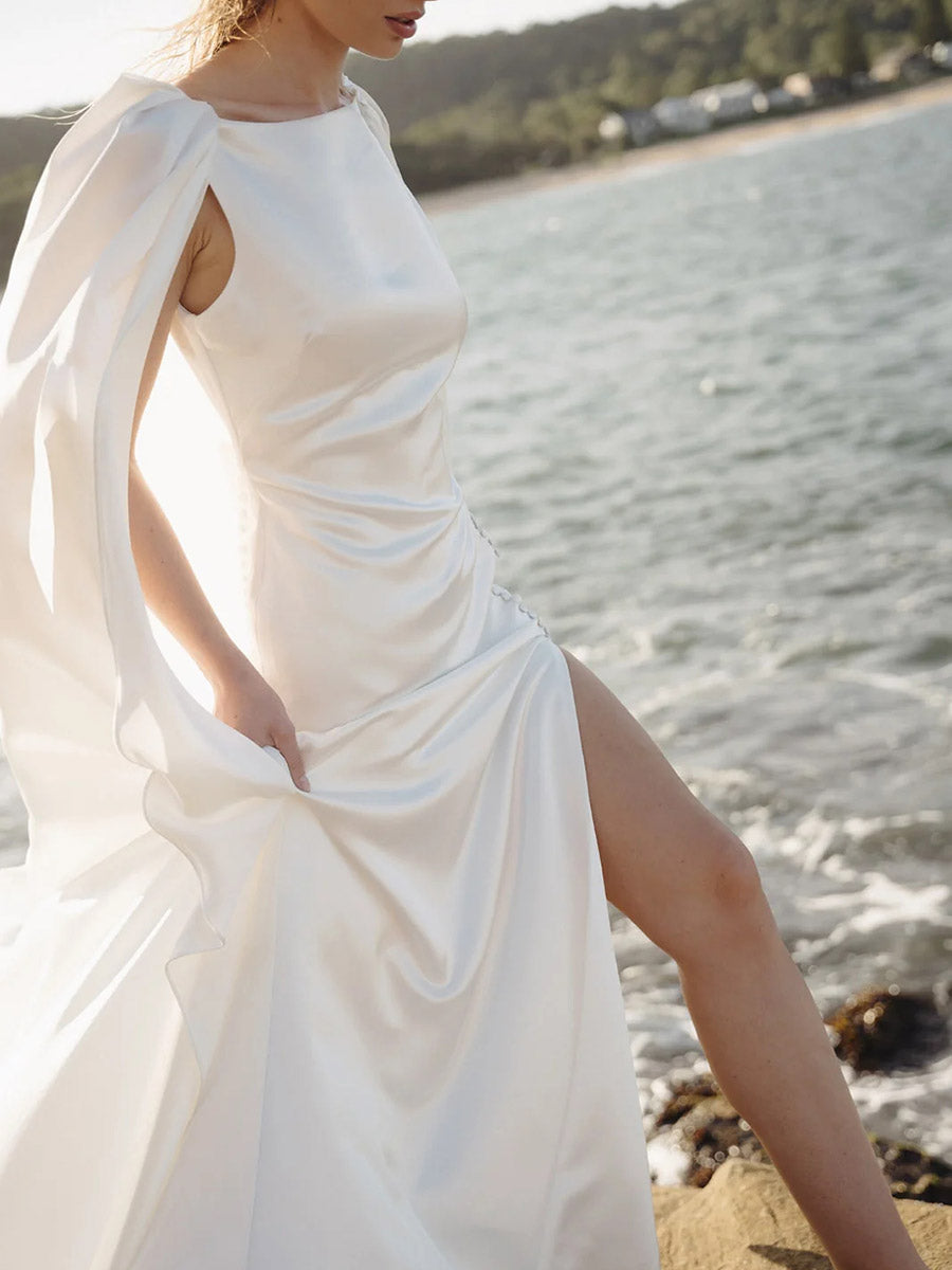 Bateau Open Back Sleeveless High Slit Sleek Satin Wedding Dress with Train