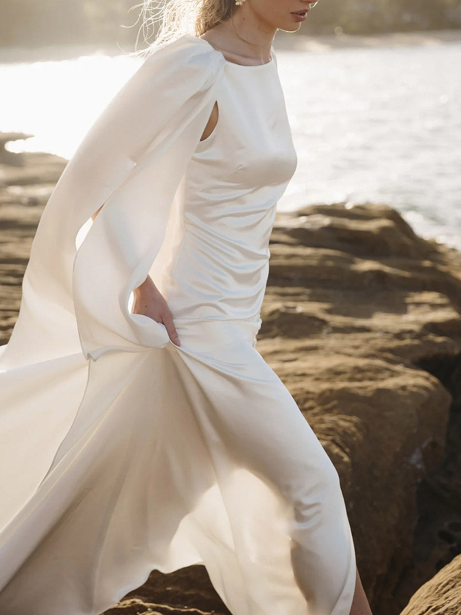 Bateau Open Back Sleeveless High Slit Sleek Satin Wedding Dress with Train