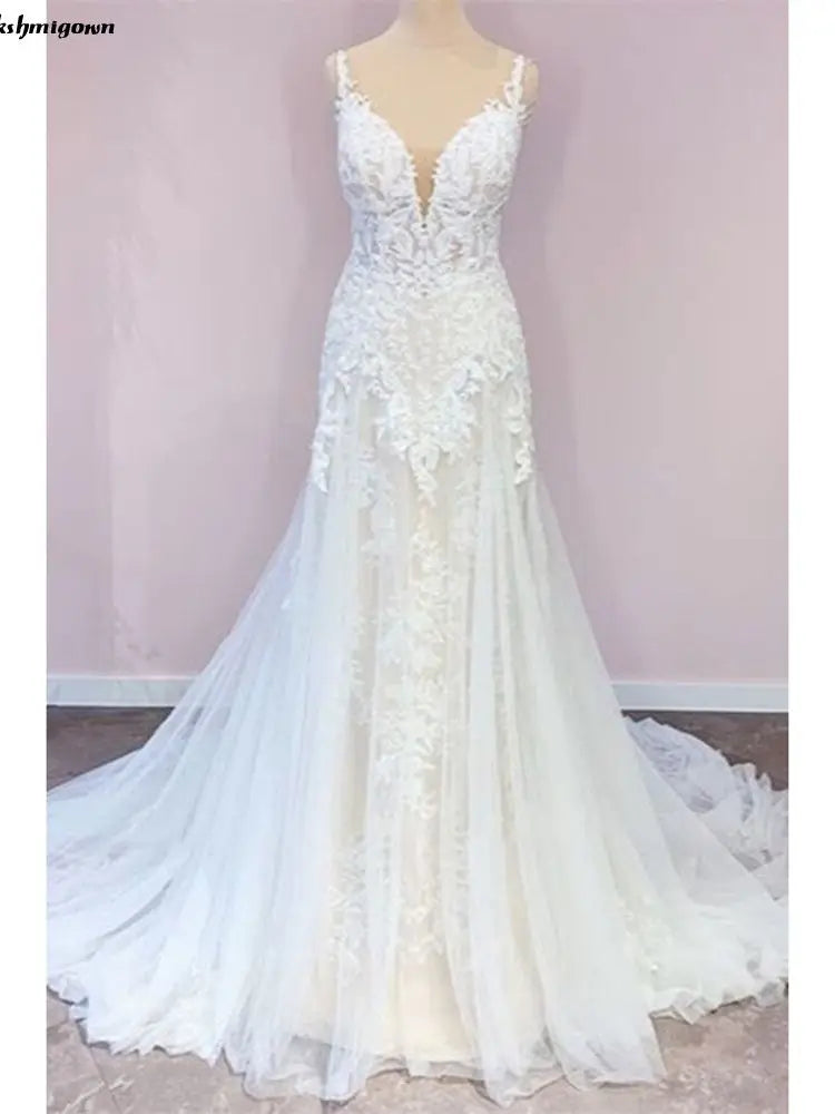 Elegant Deep V-Neck Lace Wedding Dresses Sleeveless Netting Appliques Mermaid Bridal Gowns Summer Wedding Party Gown trouwjurk