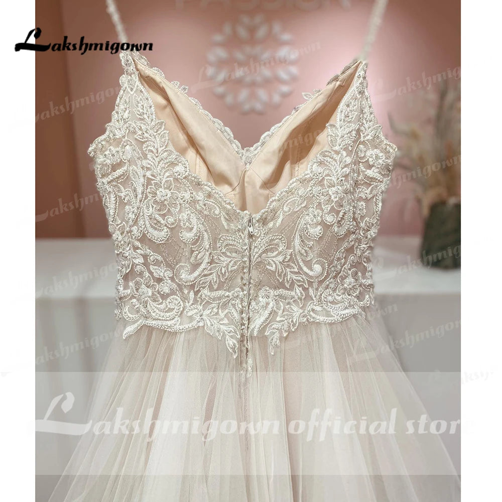 Lakshmigown Spaghetti Straps A Line Wedding Dresses With Ruched Lace Boho Bridal Gown vestido de noiva robe de mariee