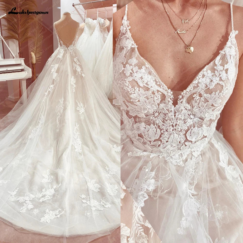 Vintage  Spaghetti Straps  Wedding Dress 2024 Lace Applqiues V Neck Bridal Gown Tulle A Line Vestido