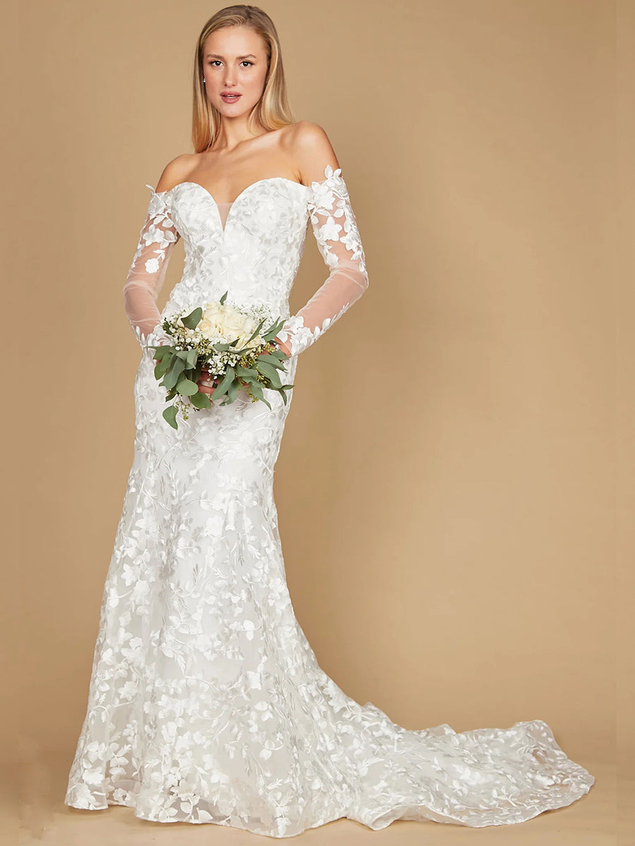 Off-Shoulder Long Sleeves Full Lace Mermaid Wedding Dress with Train