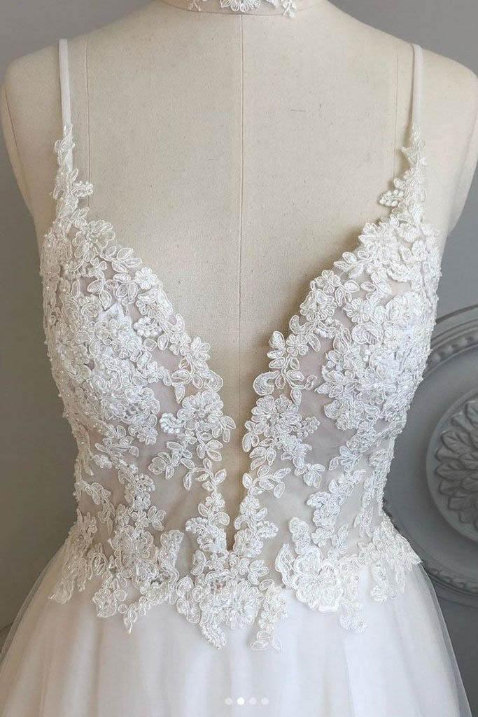 A Line Spaghetti Straps Beach Wedding Dresses Lace Wedding Gowns WD453 - Pgmdress