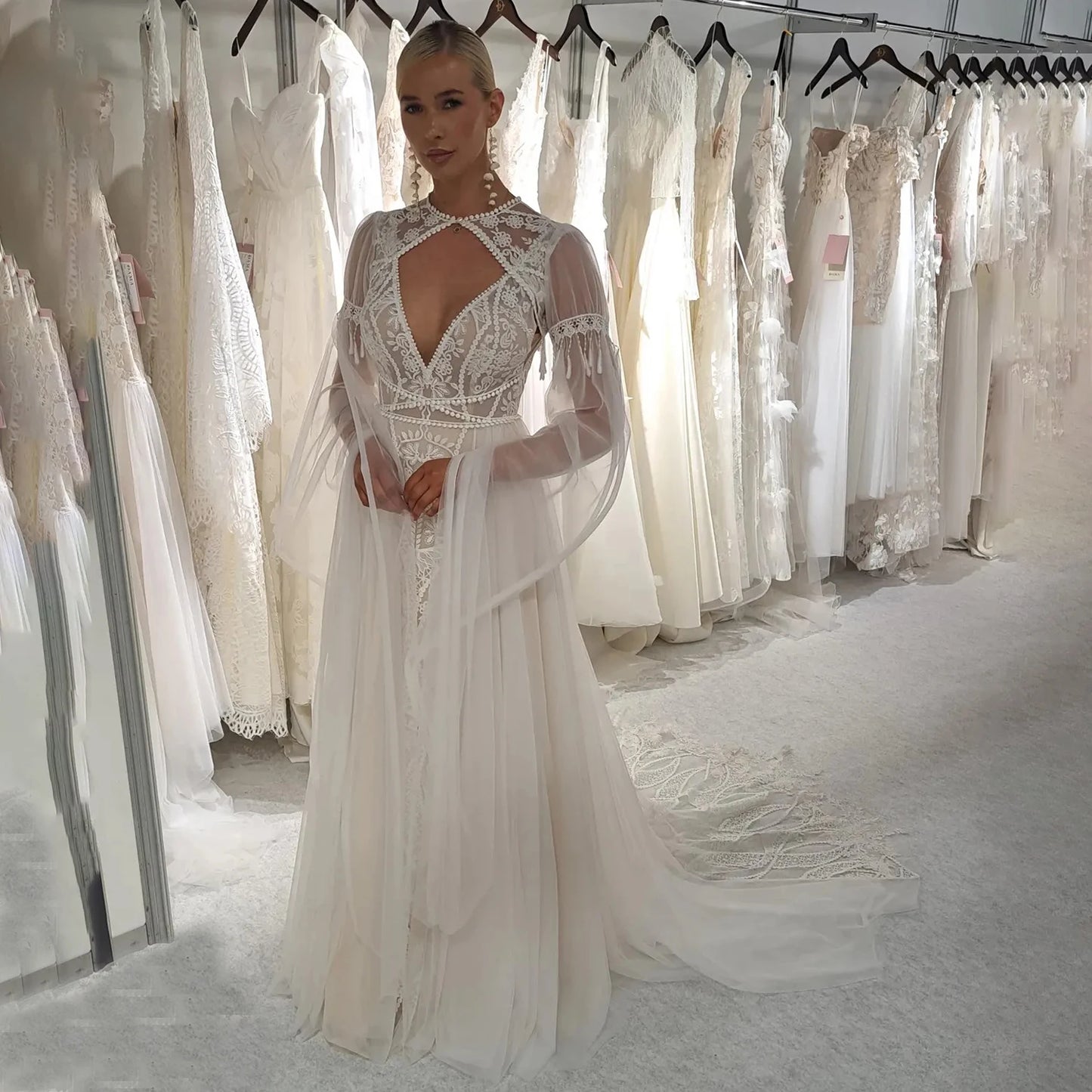 Lace V Neck Tulle Floral Lace Fringe Wedding Dress with Removable Bolero