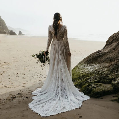 Hippie Boho Beach Elopement Lace Chiffon Wedding Dress